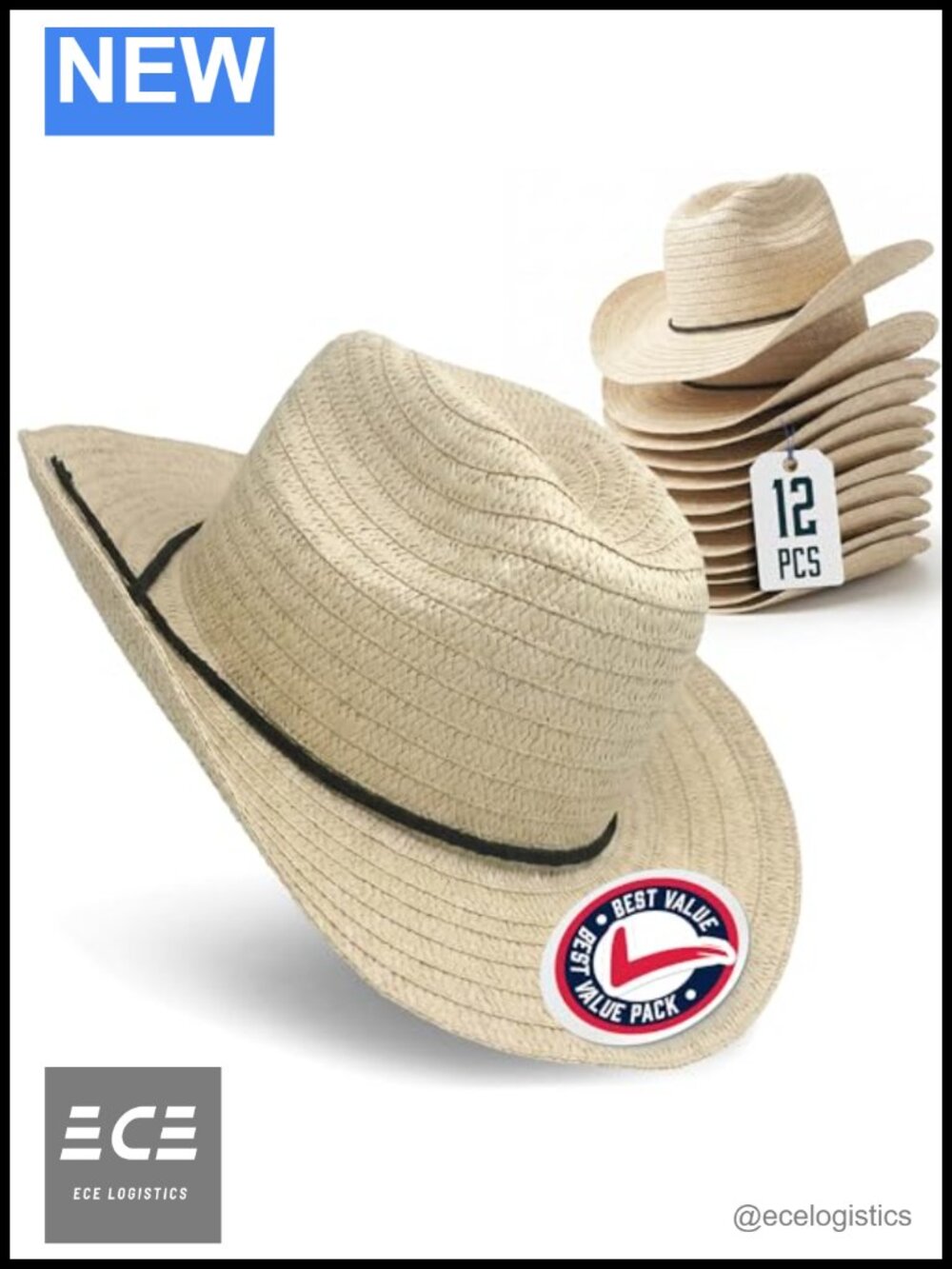 Straw Cowboy Hats 12 Pack 24 Inch Circumference Western Style Costume Party